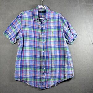 Ralph Lauren Mens Blue Green Plaid 100% Linen Short Sleeve Button Down Shirt L